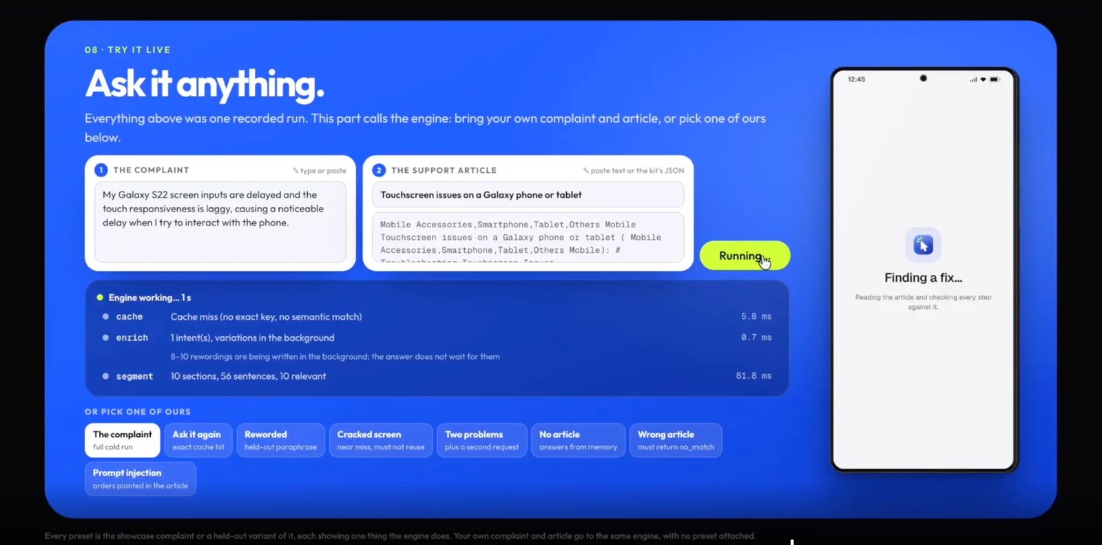 OneClick live engine run with cache, enrich and segment timings